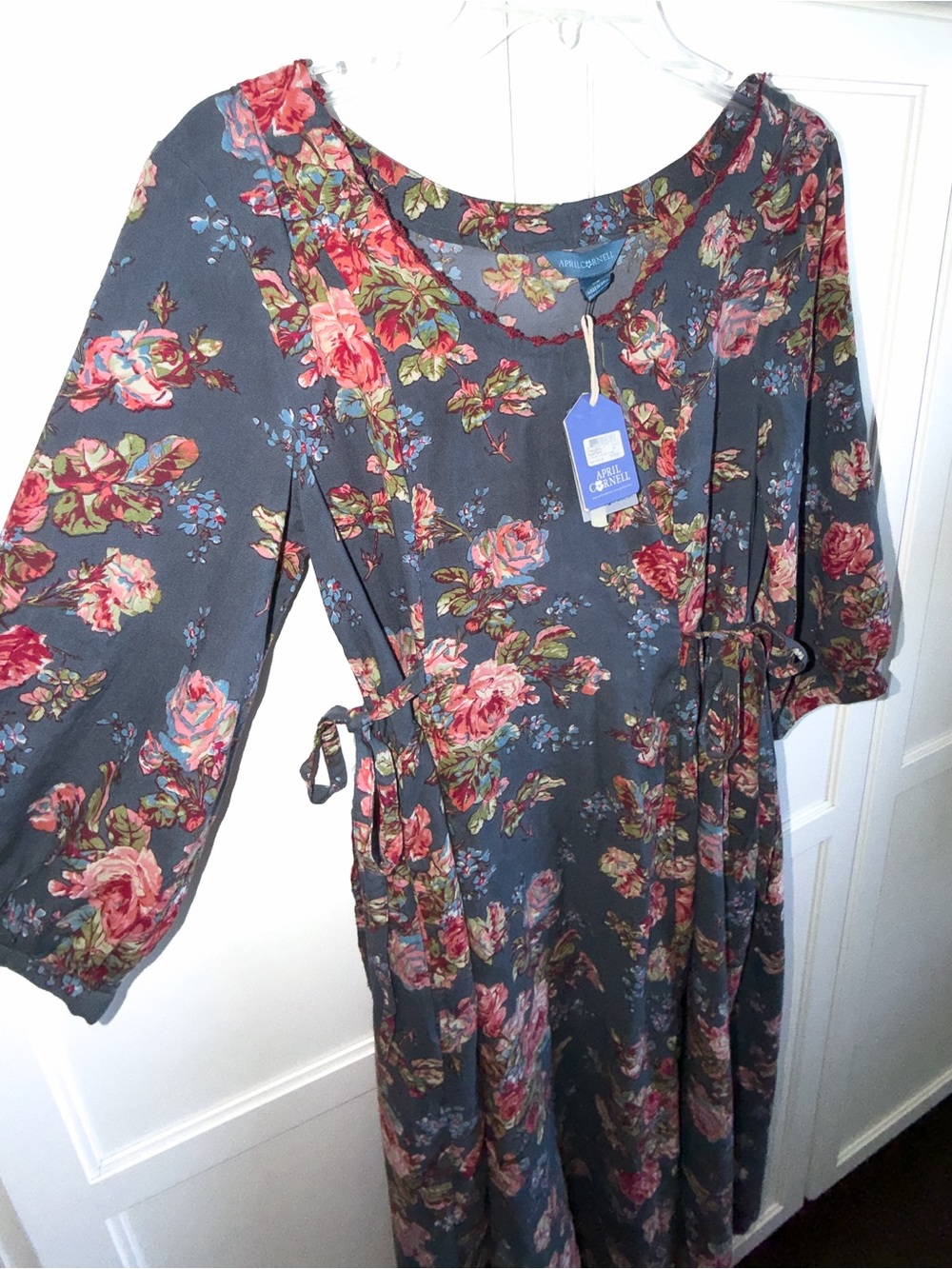New! April Cornell Victorian Rose Slate Blue Midi Dress Pink Roses Side Ties - Picture 5 of 12
